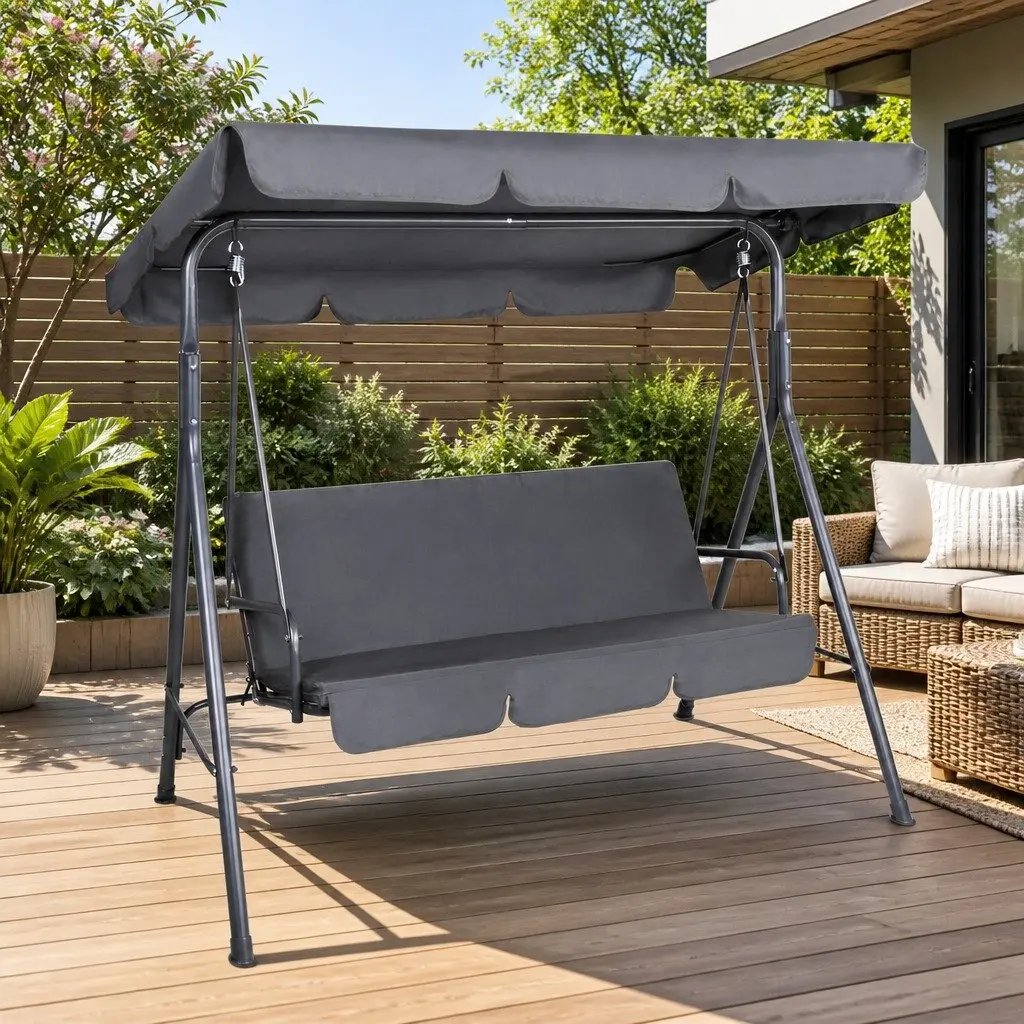Outdoor Swing Chair 3 Seater Garden Bench Furniture with Canopy Grey