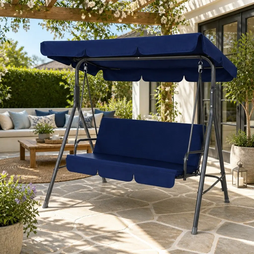 3 Seater Outdoor Swing Chair Garden Canopy Bench Furniture Navy Blue