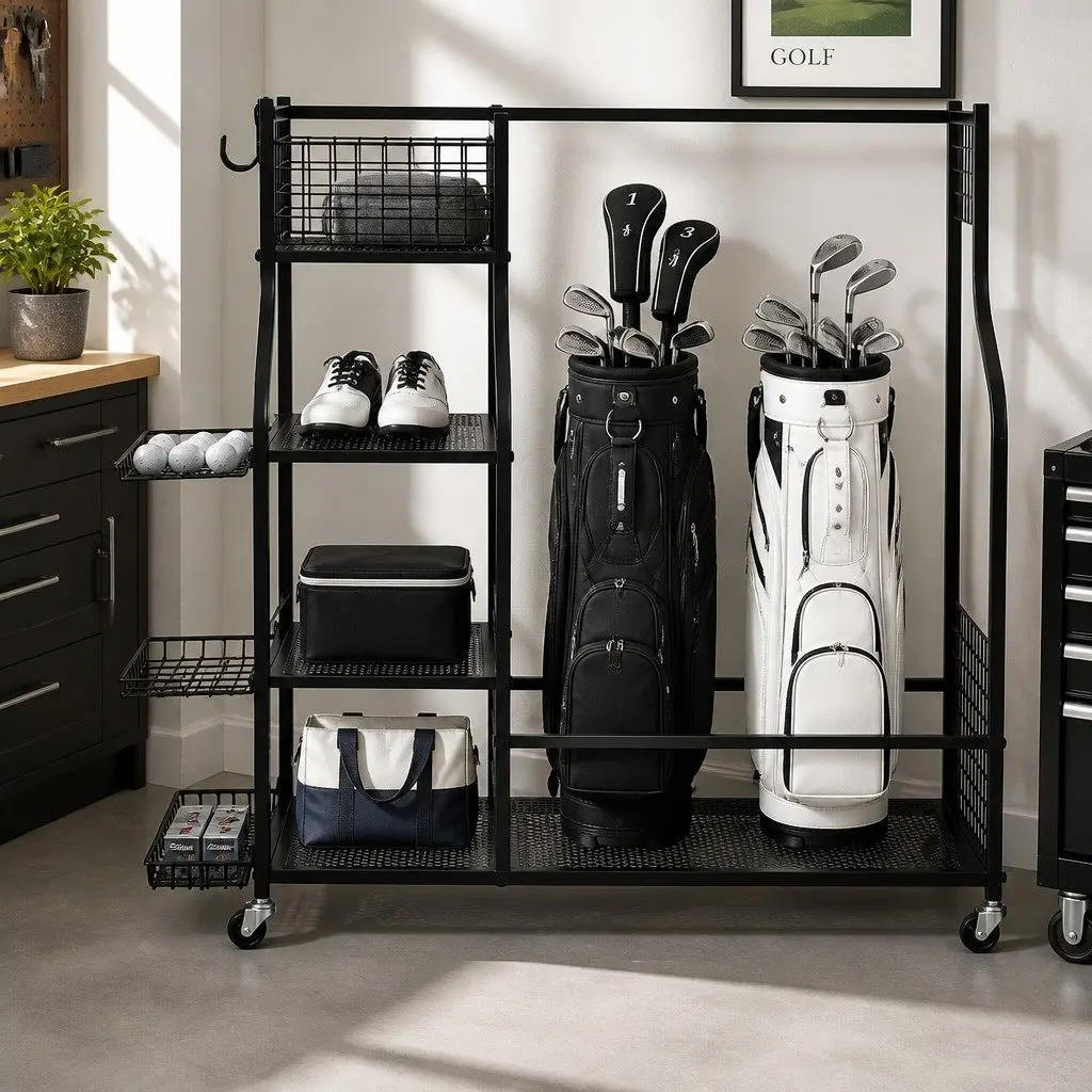 Golf Bag Storage Rack Organizer Mobile Metal Frame with Wheels Black