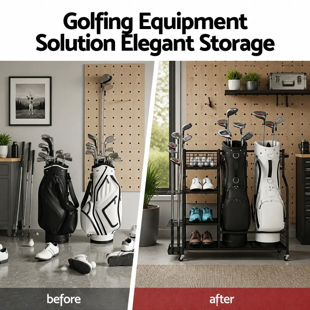 Golf Bag Storage Rack Organizer Mobile Metal Frame with Wheels Black