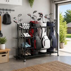 Golf 3 Bag Storage Organizer Garage Rack with Wheels Shelves Club Display Stand