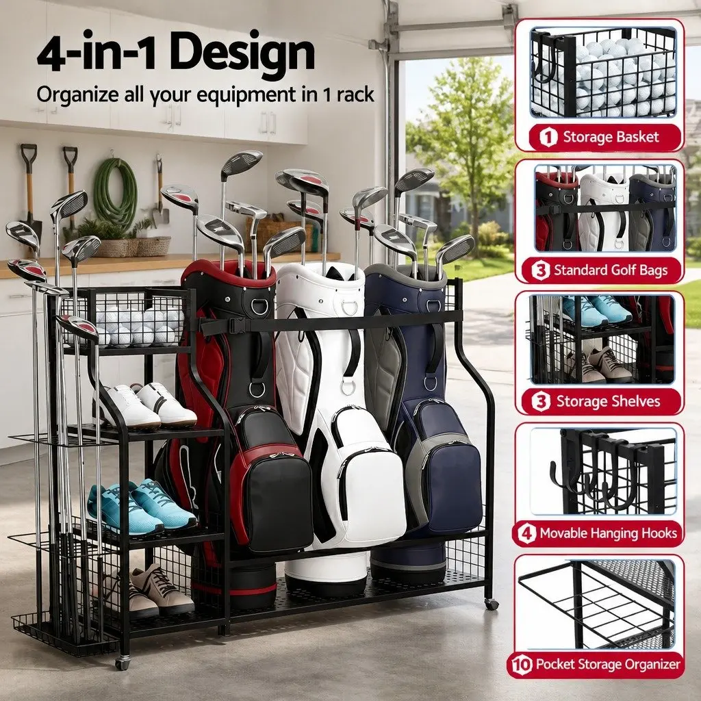 Golf Bag Storage Organizer with Wheels