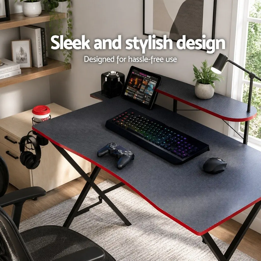 Gaming Desk Computer Workstation 105CM Black Two-Tier Storage Headphone Hook Cup