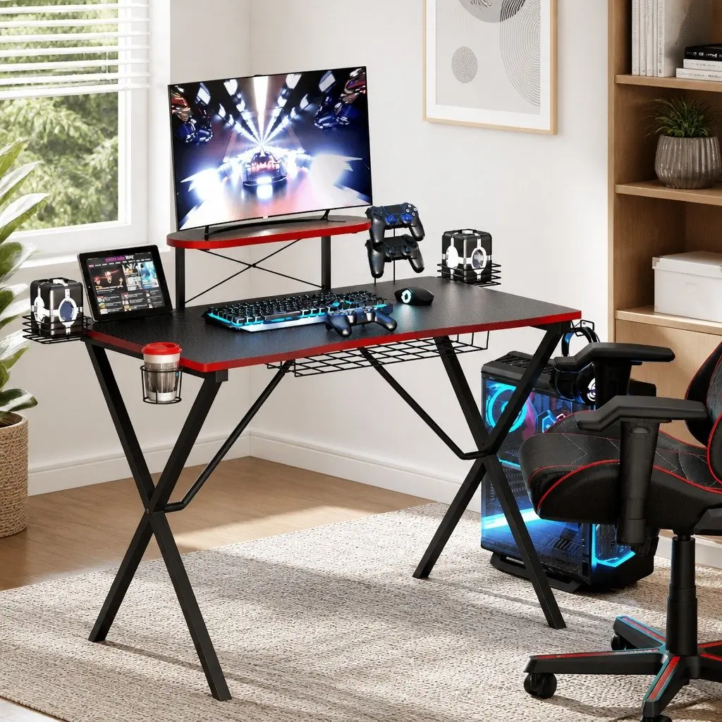 Gaming Desk Computer Workstation 105CM Black Two-Tier Storage Headphone Hook Cup