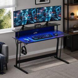 Gaming Desk 120cm Computer Workstation LED Lights Monitor Shelf Power Outlets