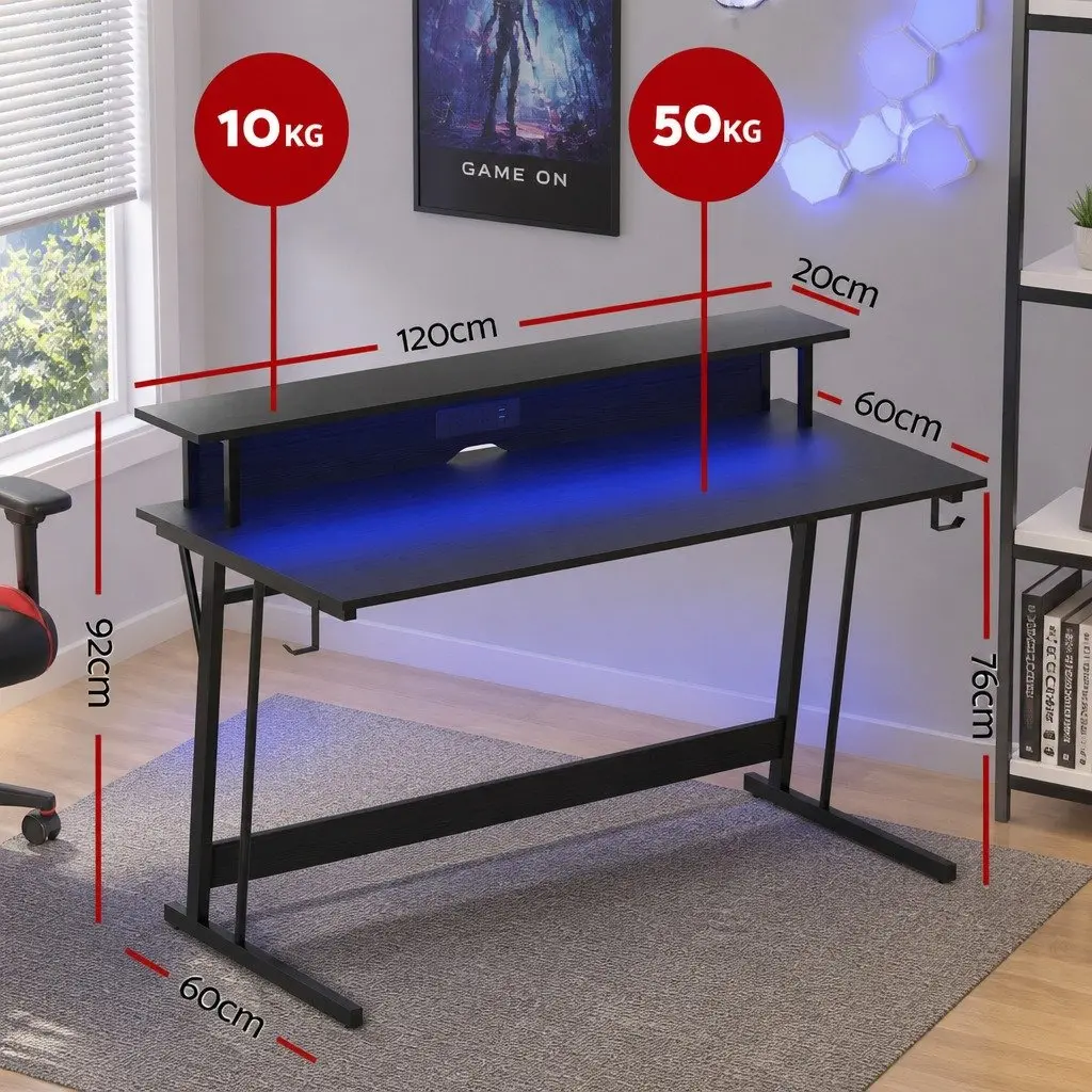 Gaming Desk LED Lights 120cm Computer Workstation Monitor Shelf Power Outlets