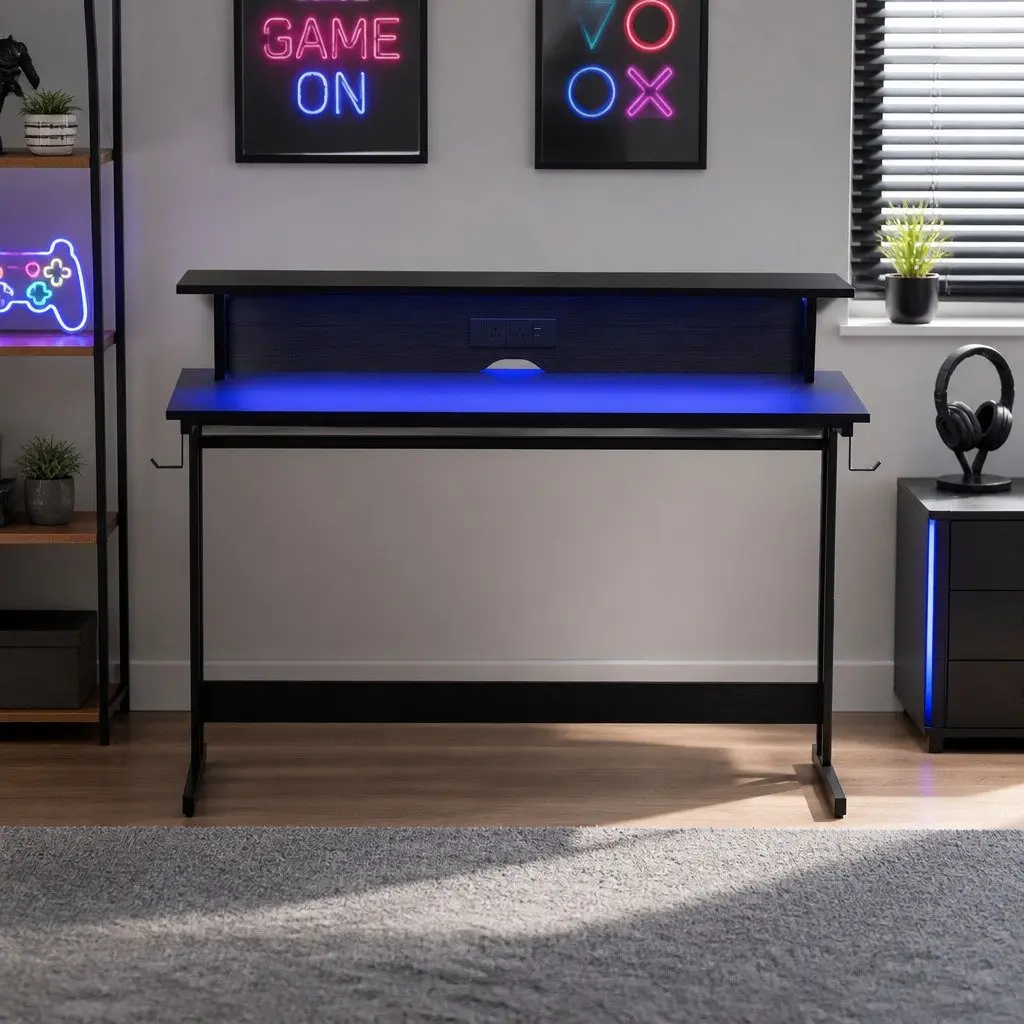 Gaming Desk LED Lights 120cm Computer Workstation Monitor Shelf Power Outlets
