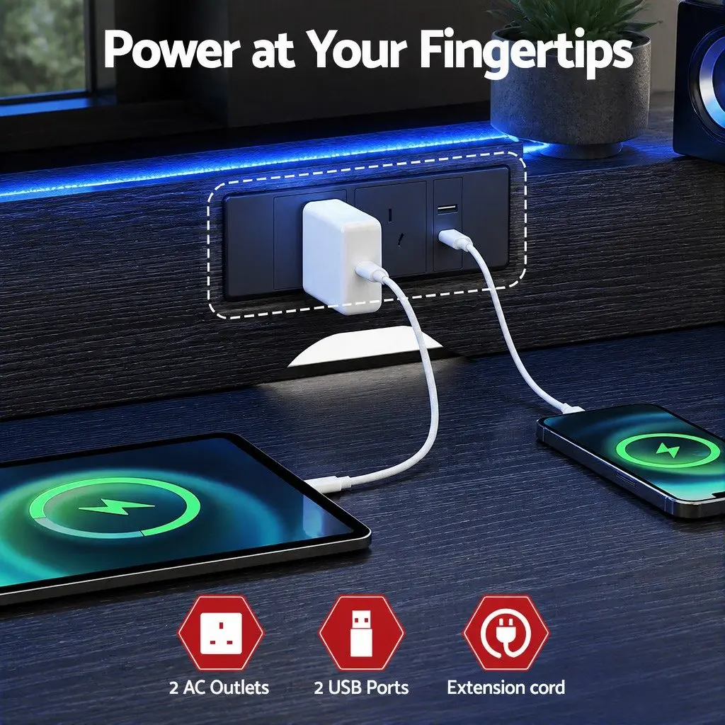 Gaming Desk LED Lights 120cm Computer Workstation Monitor Shelf Power Outlets