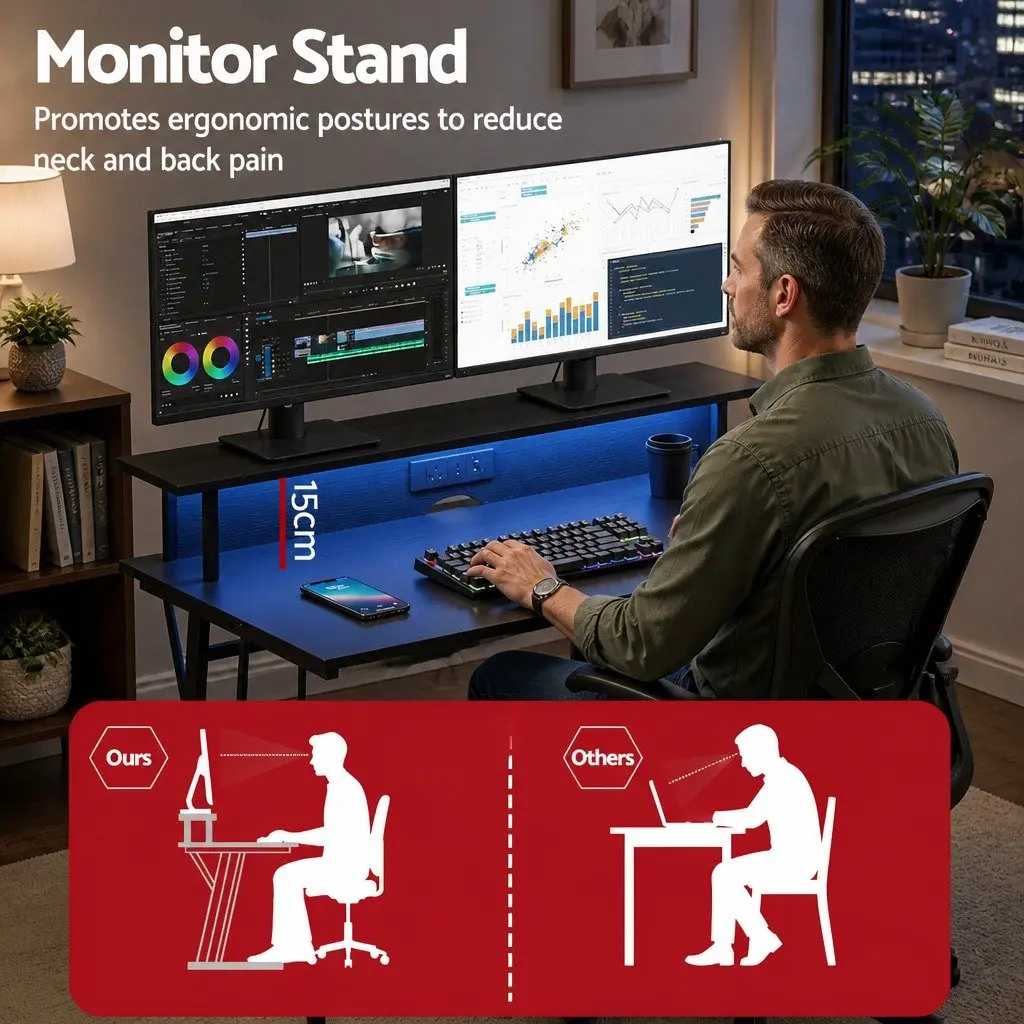 Gaming Desk LED Lights 120cm Computer Workstation Monitor Shelf Power Outlets
