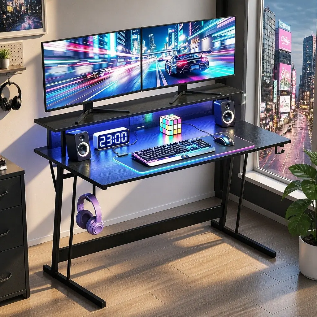 Gaming Desk LED Lights 120cm Computer Workstation Monitor Shelf Power Outlets