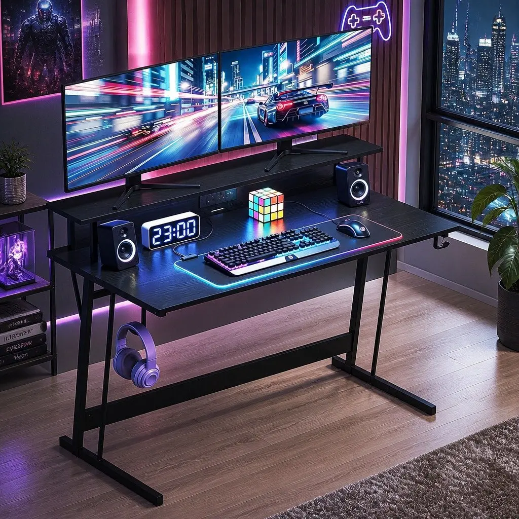 Gaming Desk LED Lights 120cm Computer Workstation Monitor Shelf Power Outlets