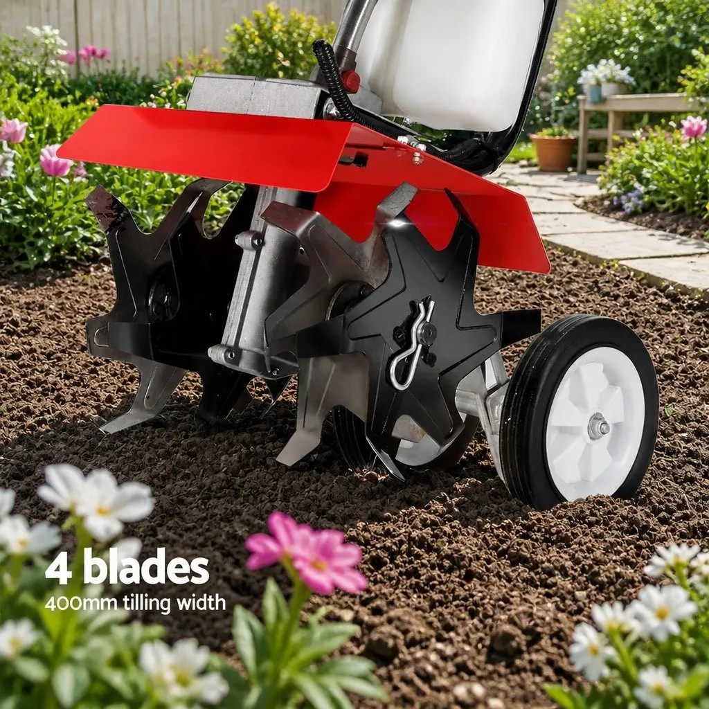 63cc Hand-held Garden Tiller Cultivator Rotary Hoe 4 Blades 400mm Working Width
