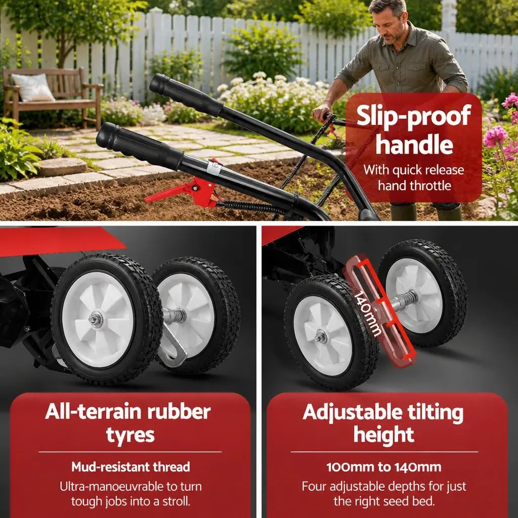 63cc Hand-held Garden Tiller Cultivator Rotary Hoe 4 Blades 400mm Working Width