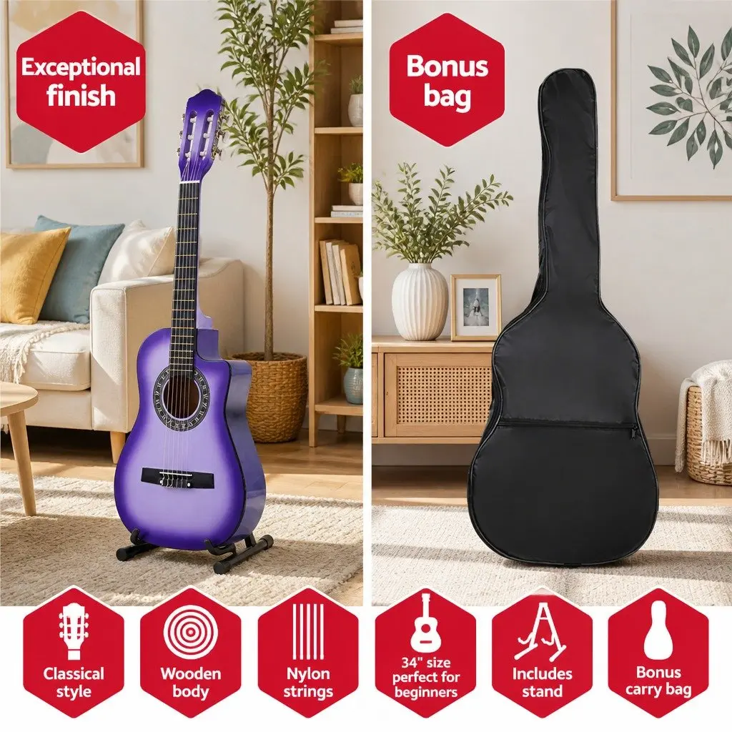 34 Inch Classical Guitar Nylon String Wooden Body Beginner Purple w/ Stand Picks