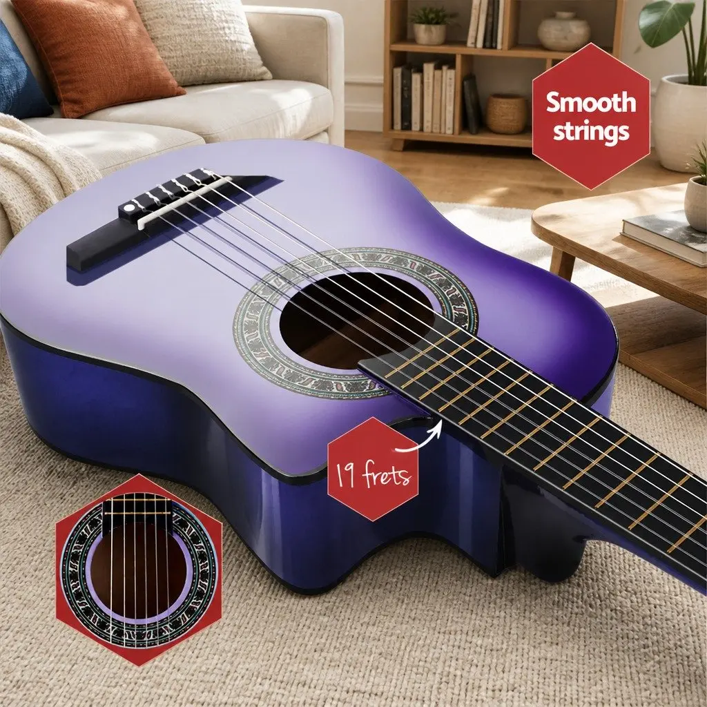 34 Inch Classical Guitar Nylon String Wooden Body Beginner Purple w/ Stand Picks
