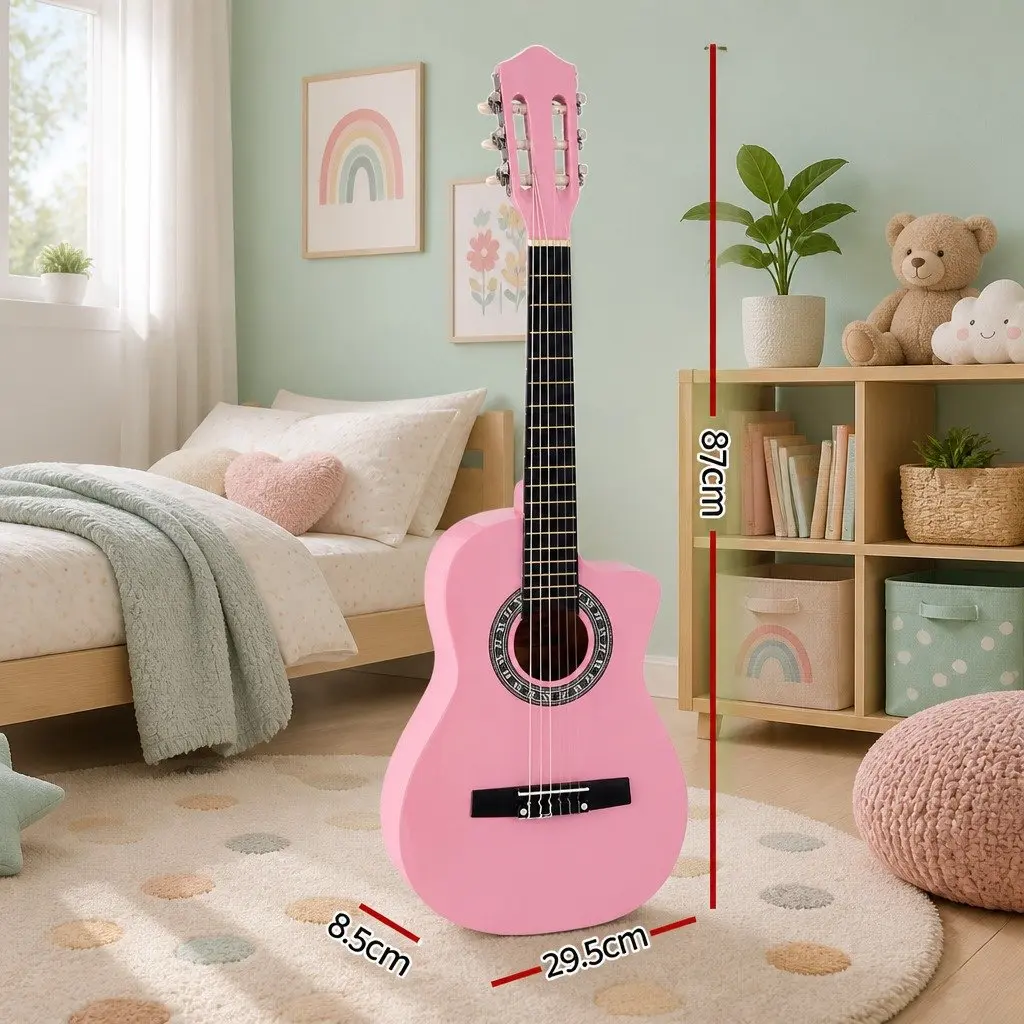 34 Inch Beginner Classical Guitar Lightweight Nylon String for Kids Learning with Wooden Body and Pink Finish