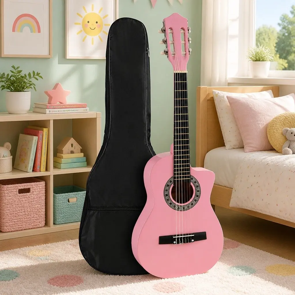34 Inch Beginner Classical Guitar Lightweight Nylon String for Kids Learning with Wooden Body and Pink Finish