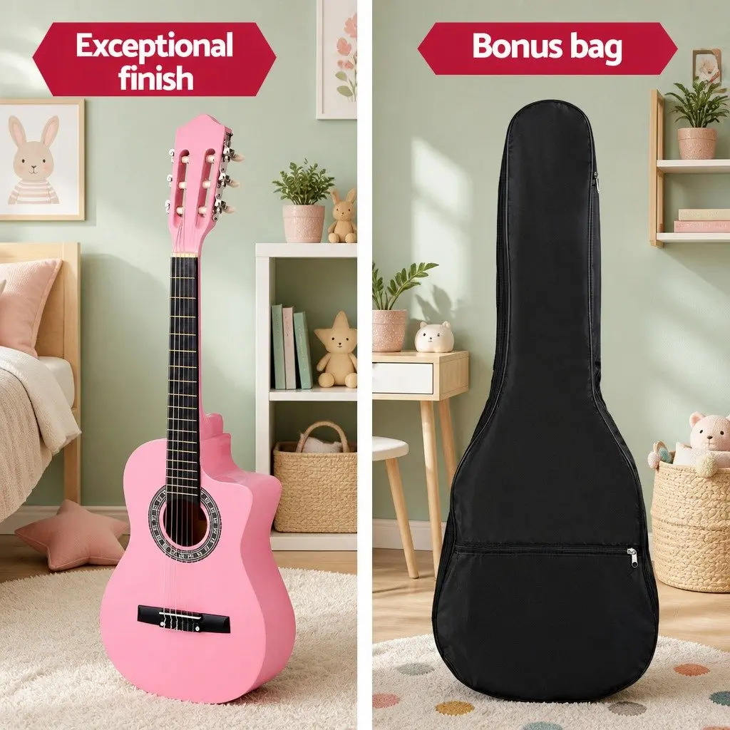 34 Inch Beginner Classical Guitar Lightweight Nylon String for Kids Learning with Wooden Body and Pink Finish