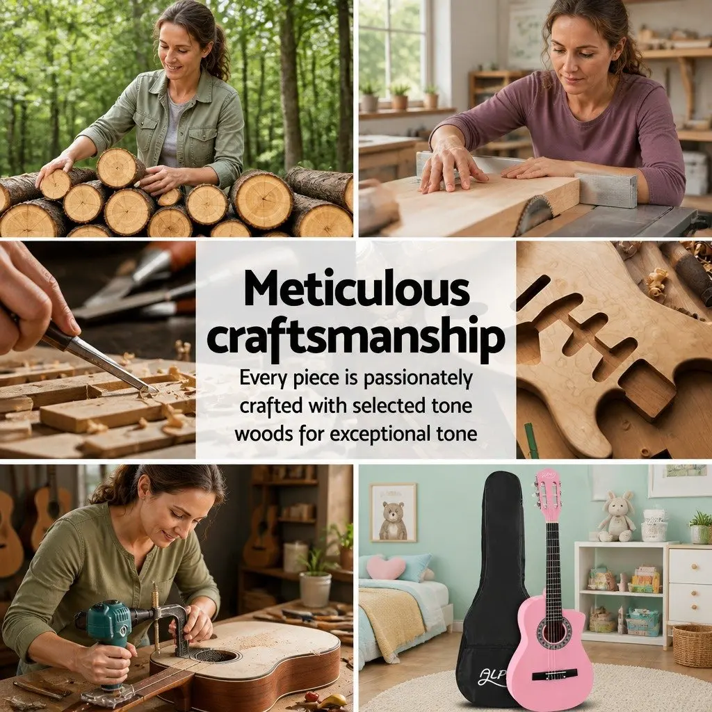 34 Inch Beginner Classical Guitar Lightweight Nylon String for Kids Learning with Wooden Body and Pink Finish