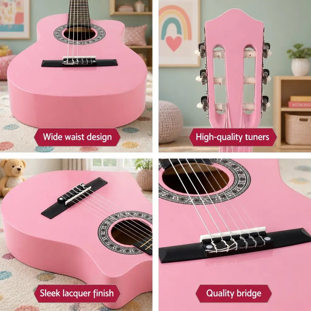 34 Inch Beginner Classical Guitar Lightweight Nylon String for Kids Learning with Wooden Body and Pink Finish