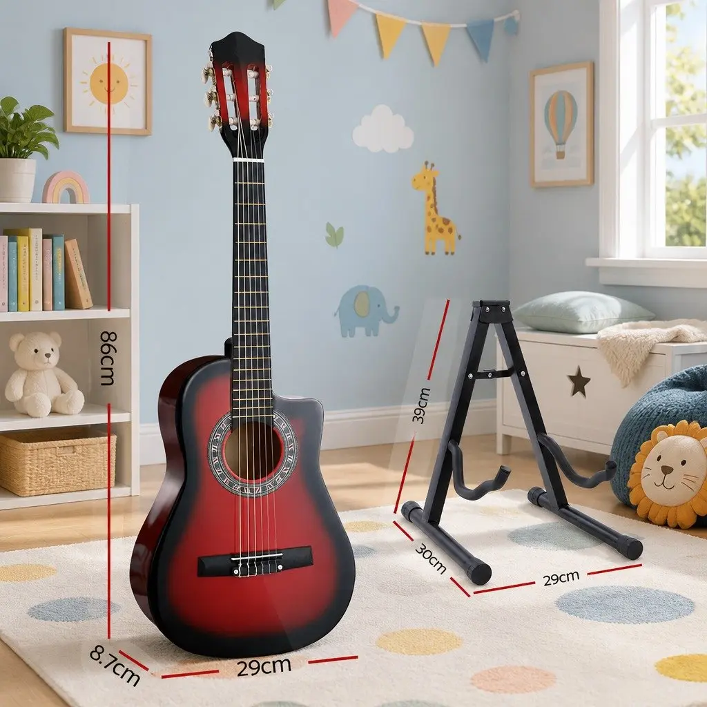 34 Inch Classical Guitar Wooden Body Nylon String Beginner Red with Stand Picks