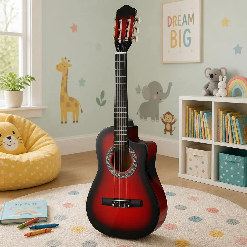 34 Inch Classical Guitar Wooden Body Nylon String Beginner Red with Stand Picks