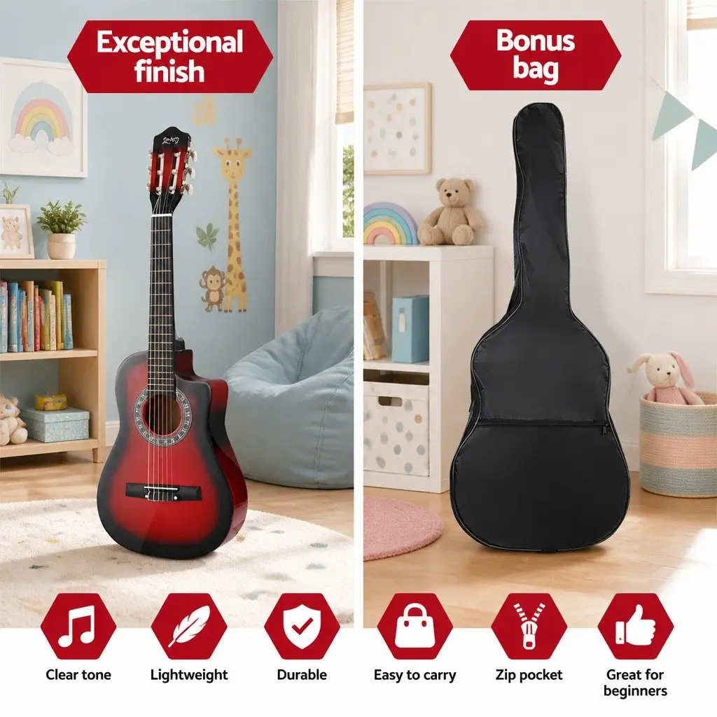 34 Inch Classical Guitar Wooden Body Nylon String Beginner Red with Stand Picks