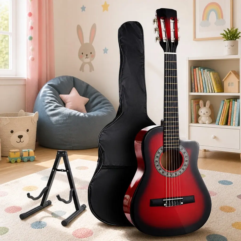 34 Inch Classical Guitar Wooden Body Nylon String Beginner Red with Stand Picks