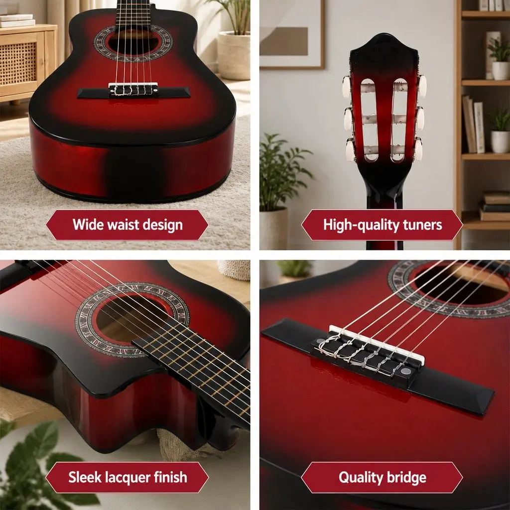 Classical Guitar 34 Inch Nylon String Wooden Body Beginner Kids Red Auditorium