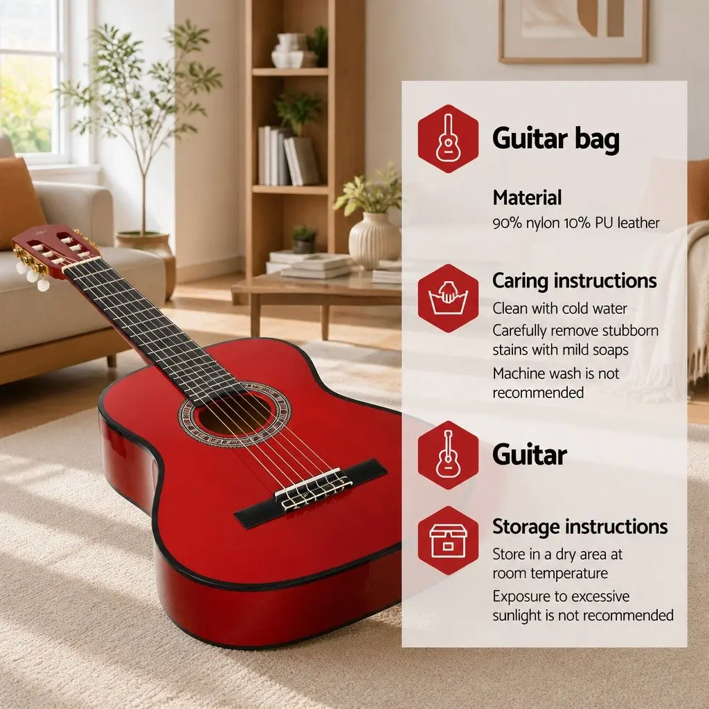 Classical Guitar 34 Inch Nylon String Wooden Body Beginner Kids Red Auditorium