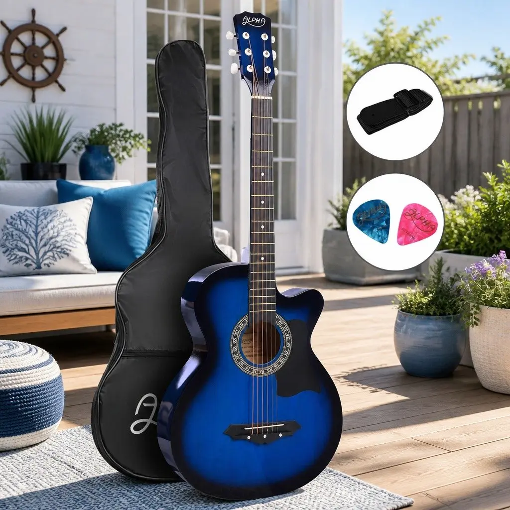 38 Inch Acoustic Cutaway Guitar Steel String Blue Wooden Body Beginners Music