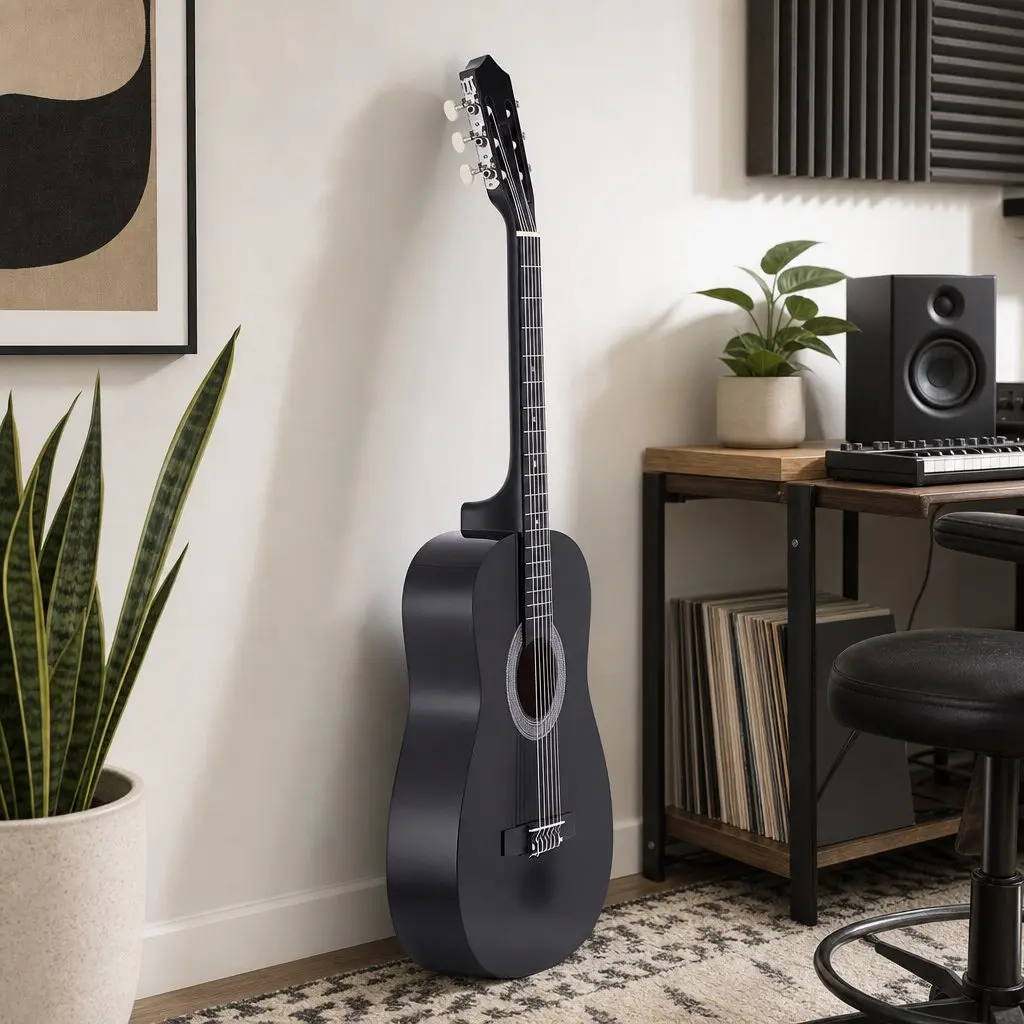 38 Inch Acoustic Guitar Full Size Classical Cutaway Nylon String Black Gloss