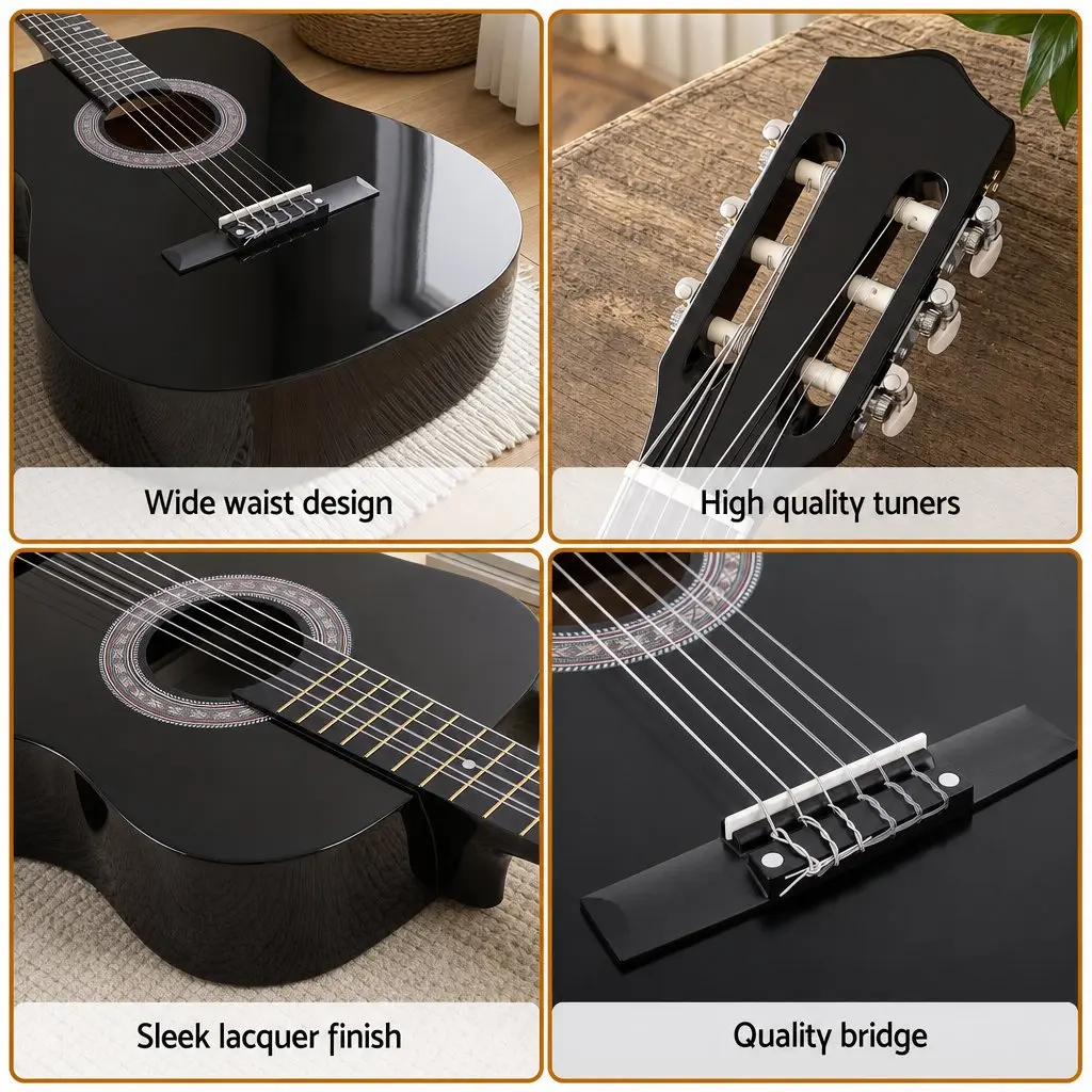 38 Inch Acoustic Guitar Full Size Classical Cutaway Nylon String Black Gloss