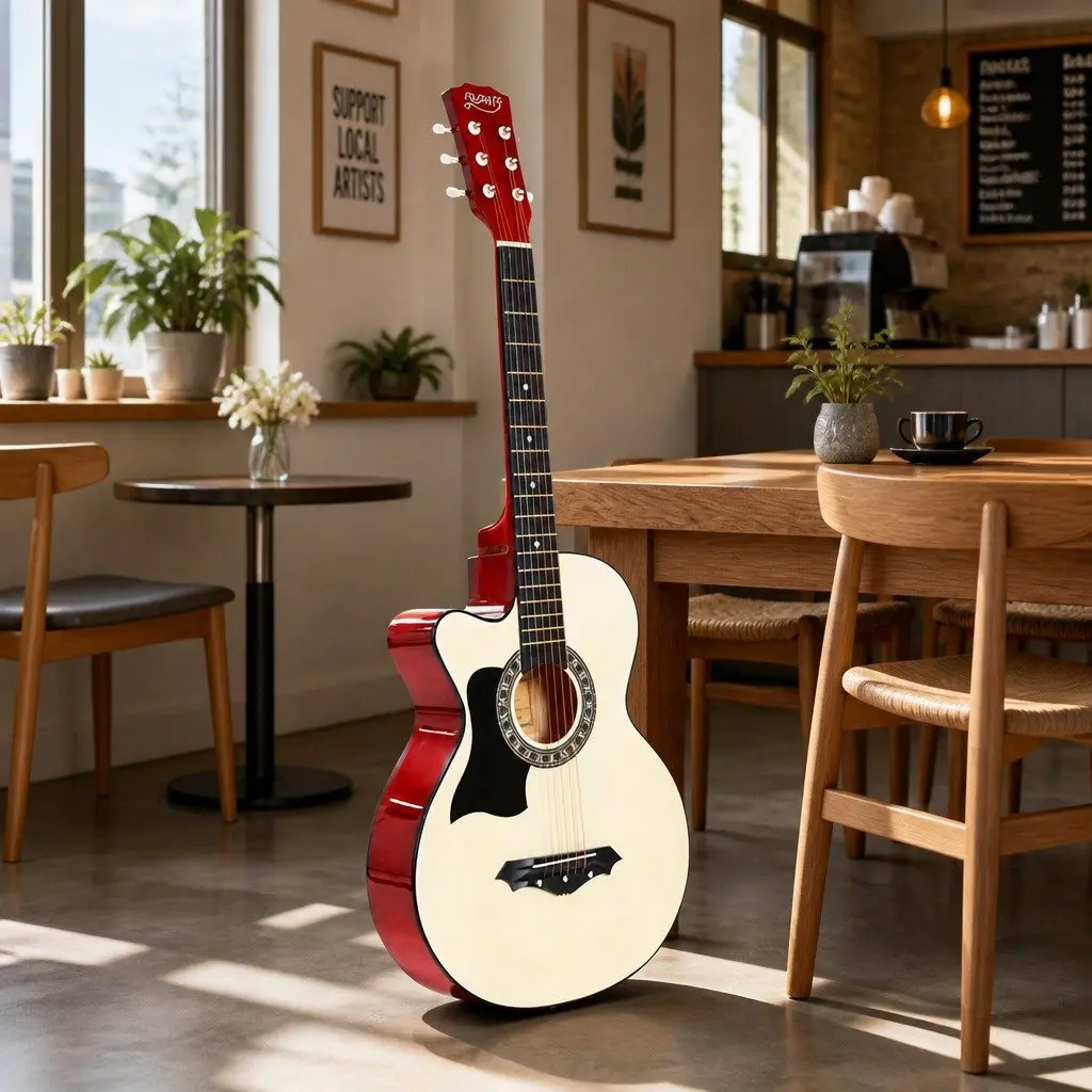 38 Inch Acoustic Guitar Left Handed Steel String Wooden Body with Stand Carry