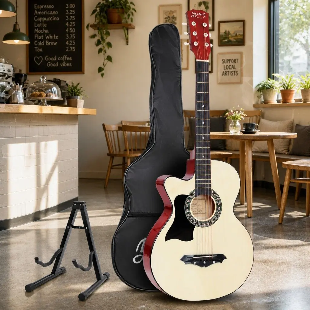 38 Inch Acoustic Guitar Left Handed Steel String Wooden Body with Stand Carry