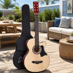 38 Inch Acoustic Cutaway Guitar Steel String Full Size Wooden Body Natural Wood
