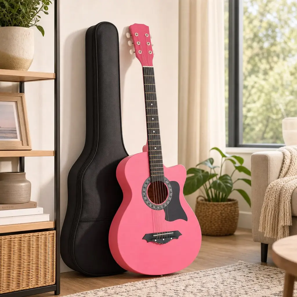 38 Inch Acoustic Guitar Steel String Cutaway Folk Classical Right Handed Pink