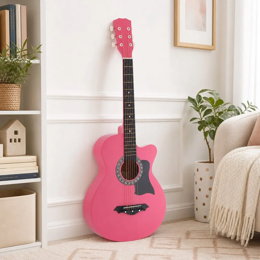 38 Inch Acoustic Guitar Steel String Cutaway Folk Classical Right Handed Pink