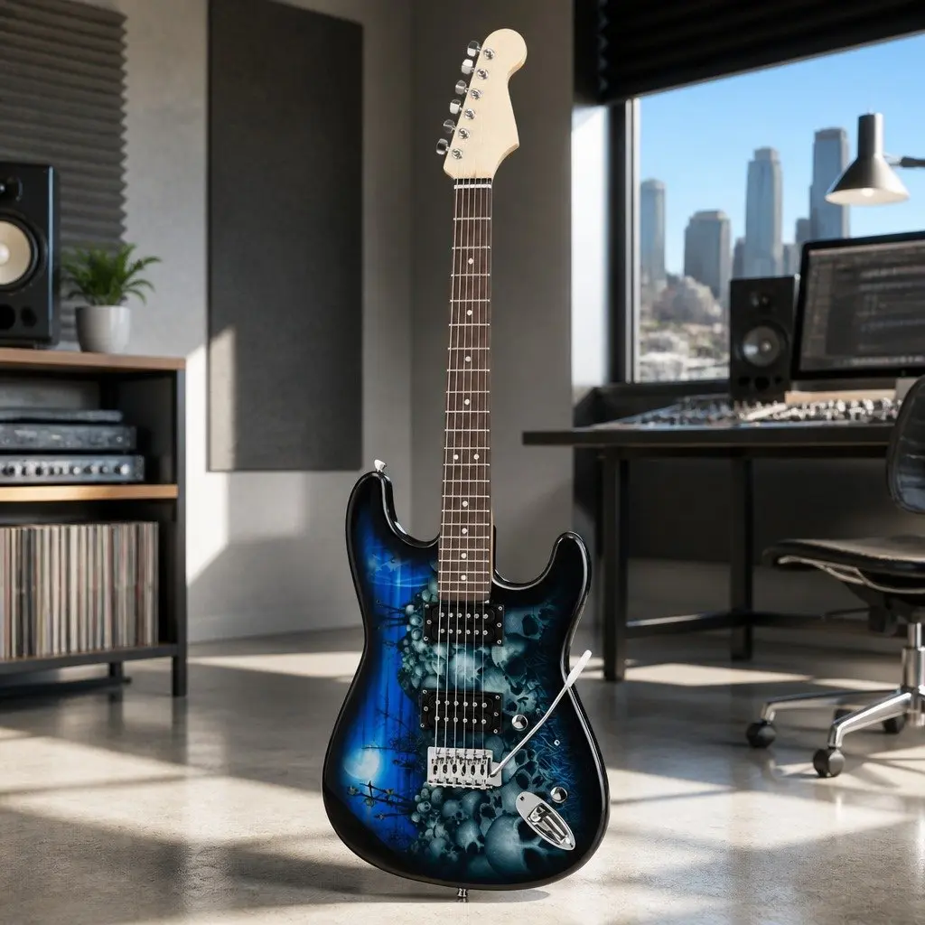 41 Inch Electric Guitar Strat-Style Humbucker Pickup Switch Full Size Blue Skull