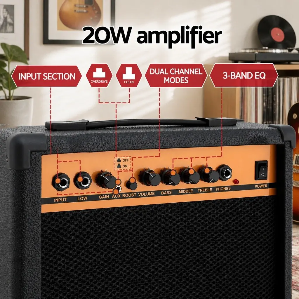 20W Guitar Amplifier Portable Practice Amp 3-Band EQ Overdrive Headphone Jack