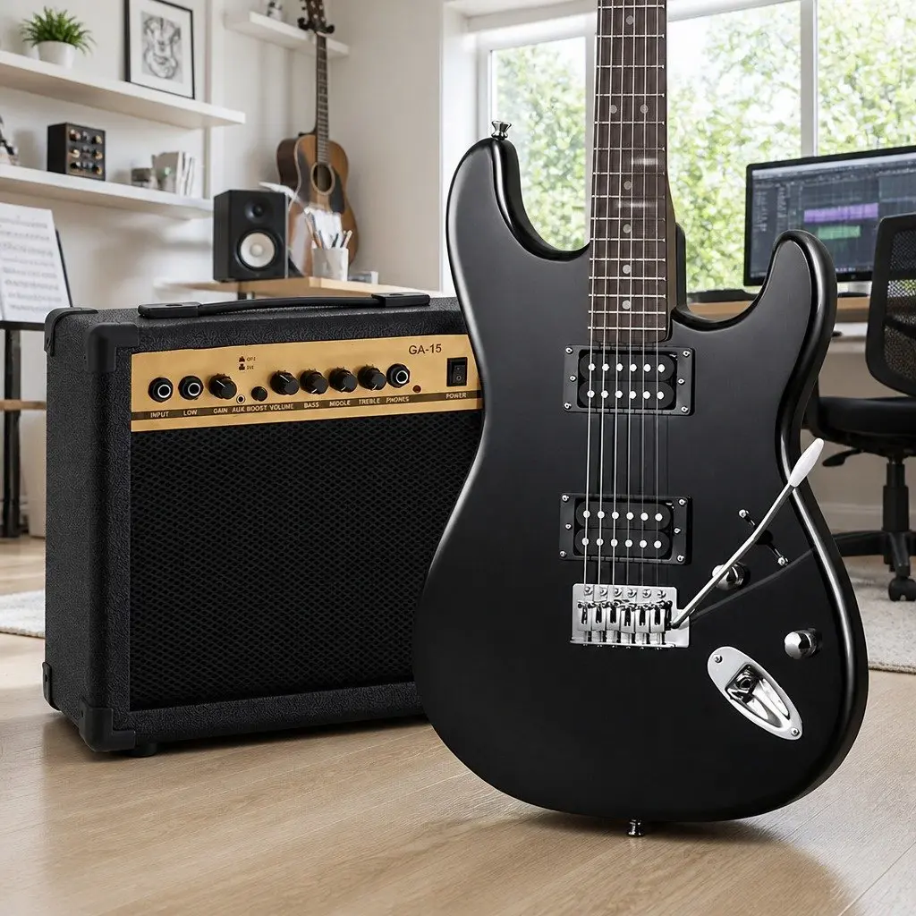 Electric Guitar Combo 20W Amplifier Stratocaster Style Beginner Music Bundle