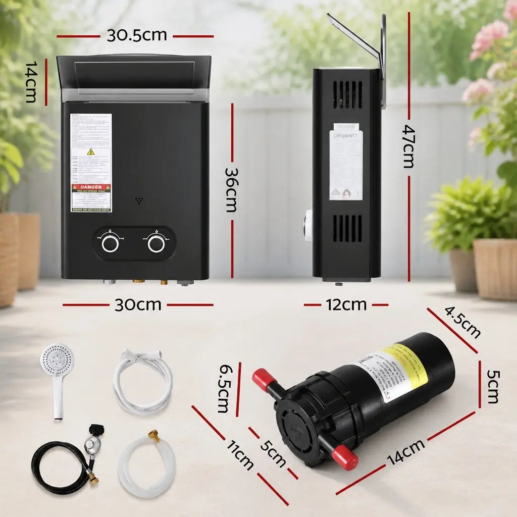 Portable Gas Water Heater LPG Outdoor Shower Black with Pump 30.5 x 12 x 47 cm