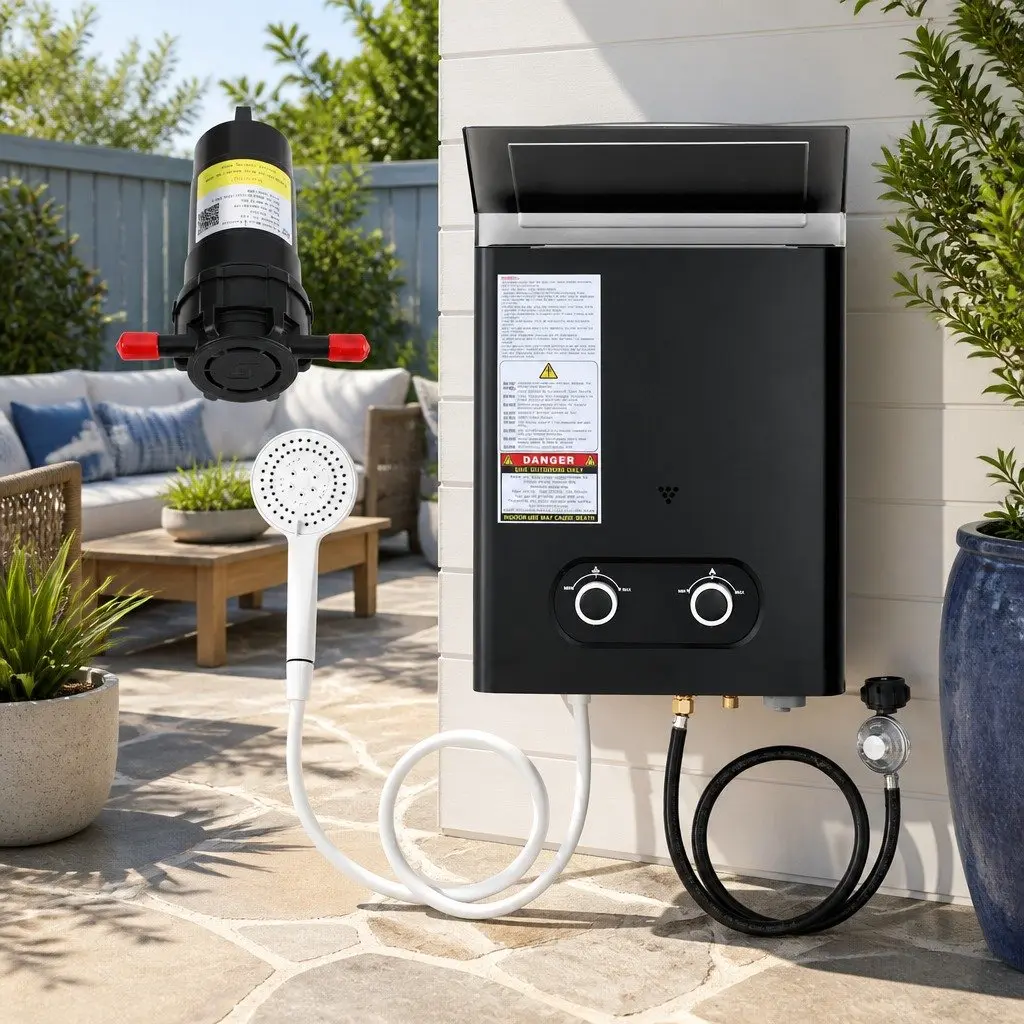 Portable Gas Water Heater LPG Outdoor Shower Black with Pump 30.5 x 12 x 47 cm