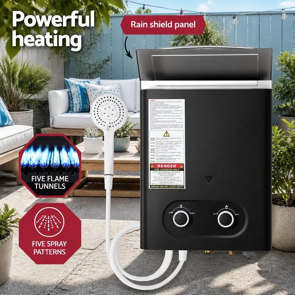 Portable Gas Water Heater LPG Outdoor Shower Black with Pump 30.5 x 12 x 47 cm