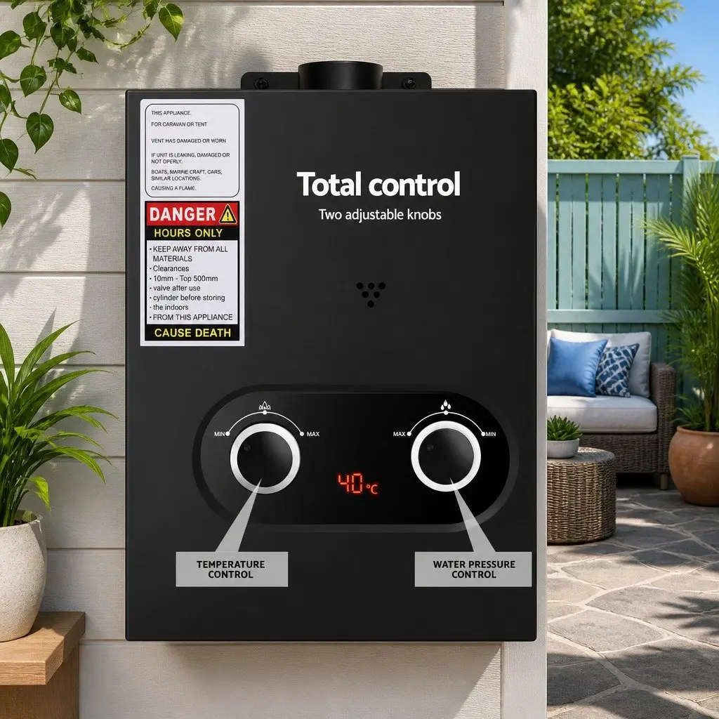 Portable Gas Water Heater LPG Outdoor Shower Black with Pump 30.5 x 12 x 47 cm