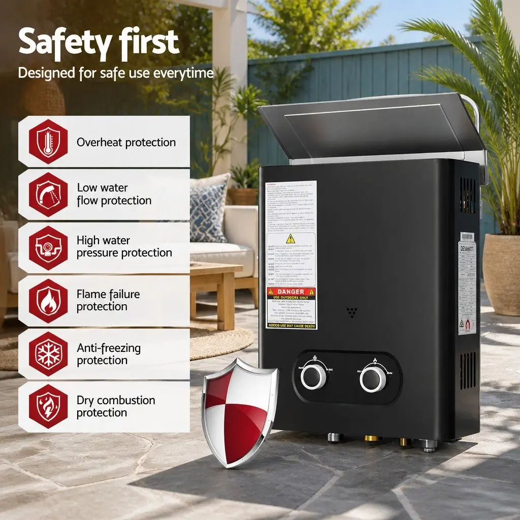 Portable Gas Water Heater LPG Outdoor Shower Black with Pump 30.5 x 12 x 47 cm