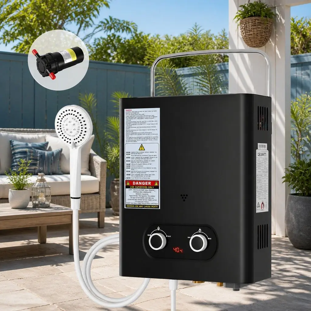 Portable Gas Water Heater LPG Outdoor Shower Black with Pump 30.5 x 12 x 47 cm