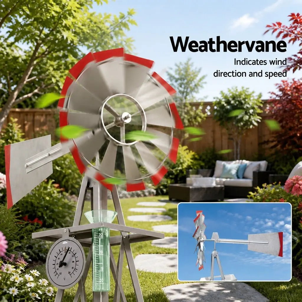 Garden Windmill 6FT Outdoor Ornament Weathervane 12 Blade Metal Decoration Grey