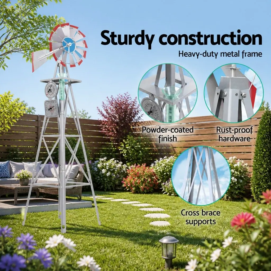 Garden Windmill 6FT Outdoor Ornament Weathervane 12 Blade Metal Decoration Grey