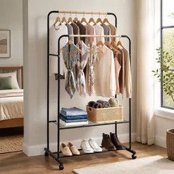 Double Rod Clothes Rack Metal Garment Stand with Storage Shelves Swivel Casters